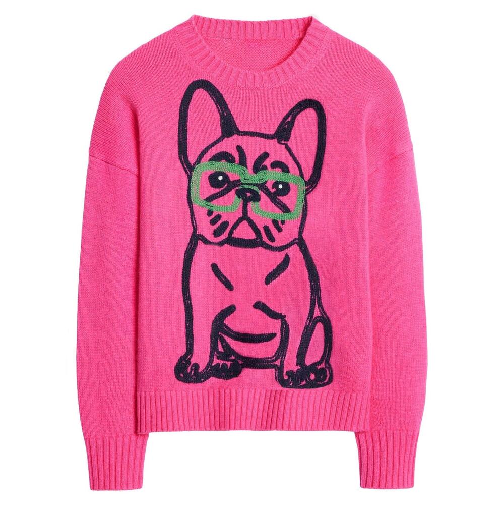 OXKNIT Women's French Bulldog Sweater Rose Red Pink